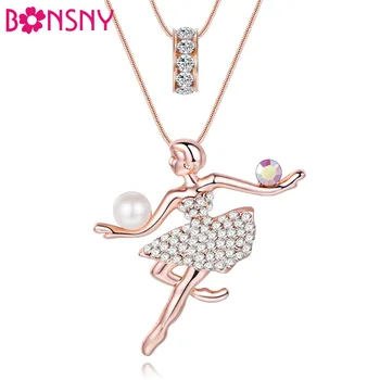 

Bonsny Chain 2017 New Colorful Carystal French Dance ballet necklace bailarina Pendant Alloy Charm Brand Jewelry For Women Girl