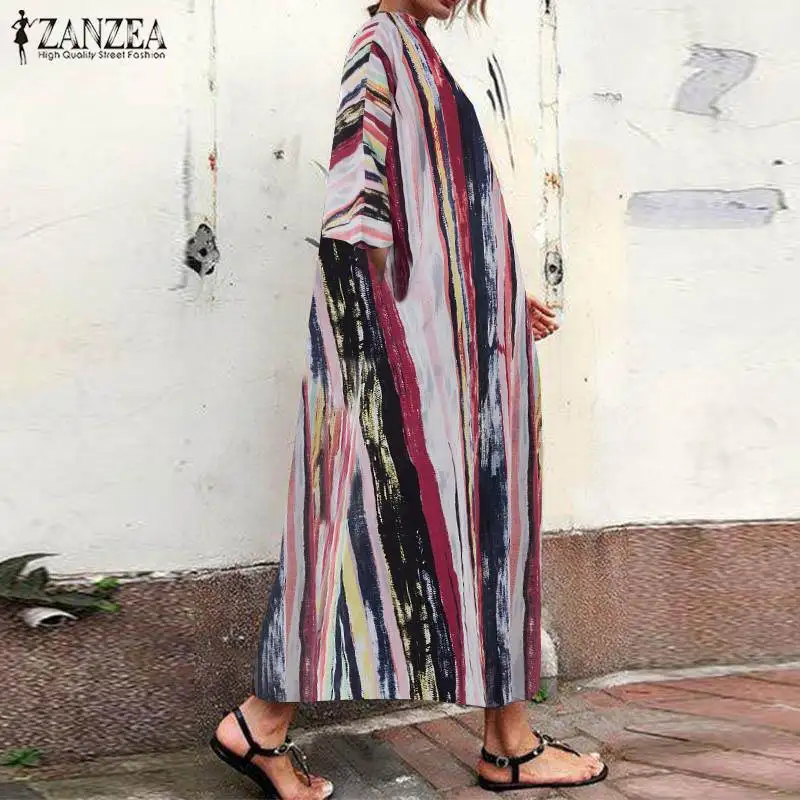 ZANZEA الصيف فستان الشمس 2019 المرأة مخطط ماكسي فستان طويل رداء عارضة فام خمر جاكيت البوهيمي حزب Vestido قفطان