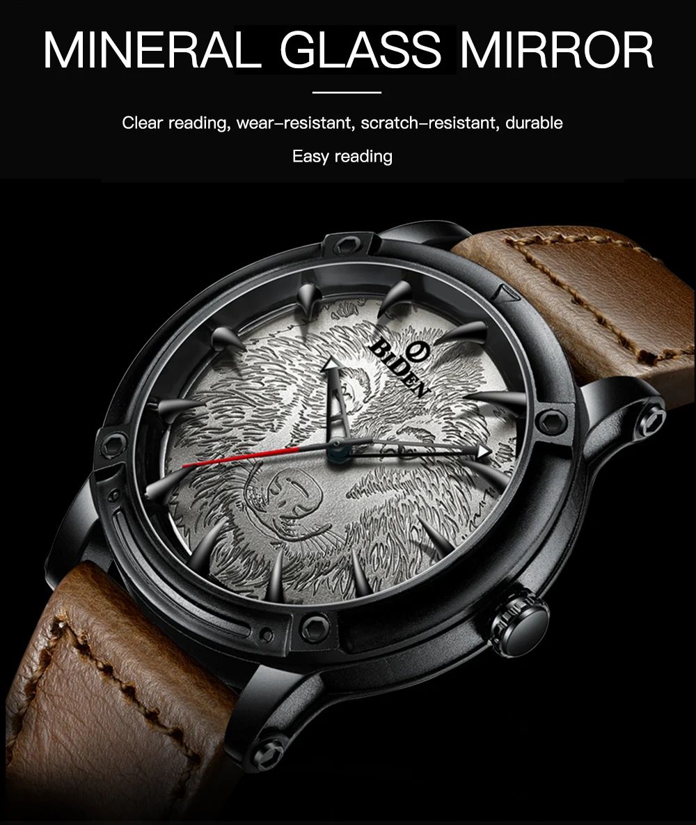 Бренд biden Wolf Dial дизайн модные кварцевые часы мужские спортивные водонепроницаемые кожаный ремешок Классические наручные часы для бизнеса