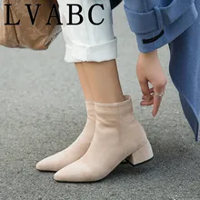 Nouveau femmes chaussures talons hauts Slip bottines hiver Stretch chaussettes bottes élégant carré talons hauts chaussures femme grande taille 32- 44