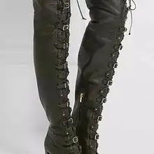 Женщины черная кожа коренастый высокий каблук за колена бедро высокие пряжки сапоги реальные фотографии большой размер настройка сделать