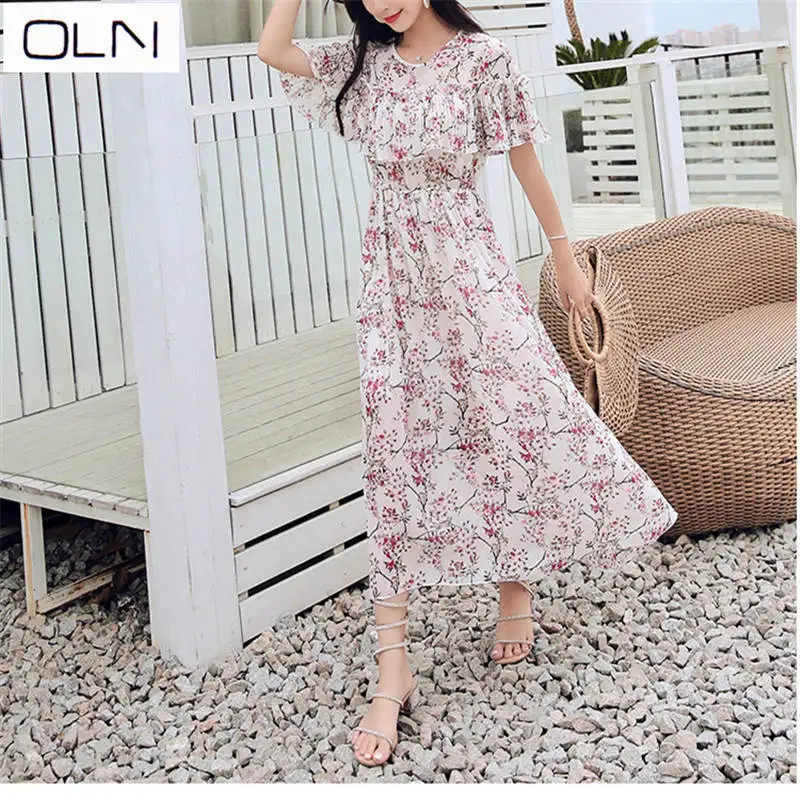 Beach dress seaside holiday dress spring and summer new bohemian large swing long floral chiffon dress - Цвет: Бежевый