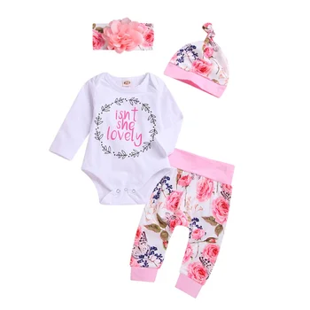 

4pcs/Set Baby Sets Printed Rompers+Pants+Hat+Headband Baby Clothes Set Autumn New Infant Girls Long-sleeved Clothing Suit 0-18M