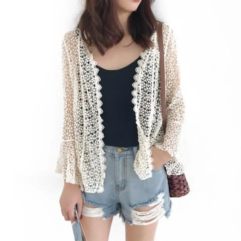

2019 New Summer Thin Hollowing Out Jacket Women Casual Long Sleeved Knitted Short Cardigan Coats Harajuku Clothes Outerwears