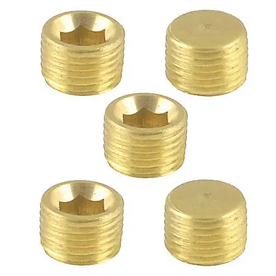 

5 Pcs Air Pipe Fittings 9mm Thread Hex Socket Metal Plugs Caps Gold Tone