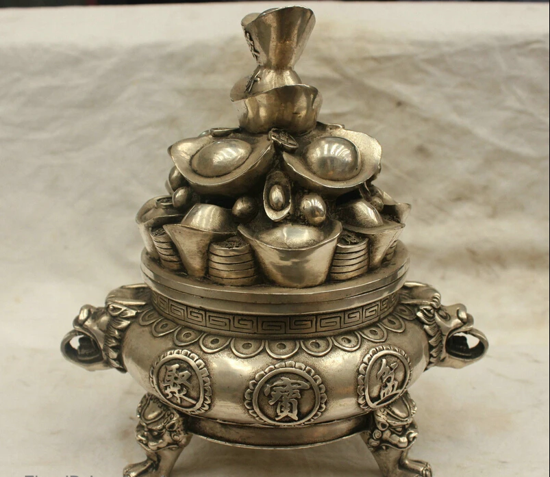 

Chinese Folk Culture HandMade Silver Bronze Statue beast Lion Ingot Cornucopia