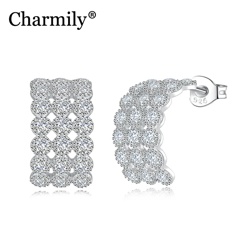 

Charmily Authentic 925 Sterling Silver Vintage Half Arc Zircon Hoop Earrings For Party Bar Wedding Jewelry