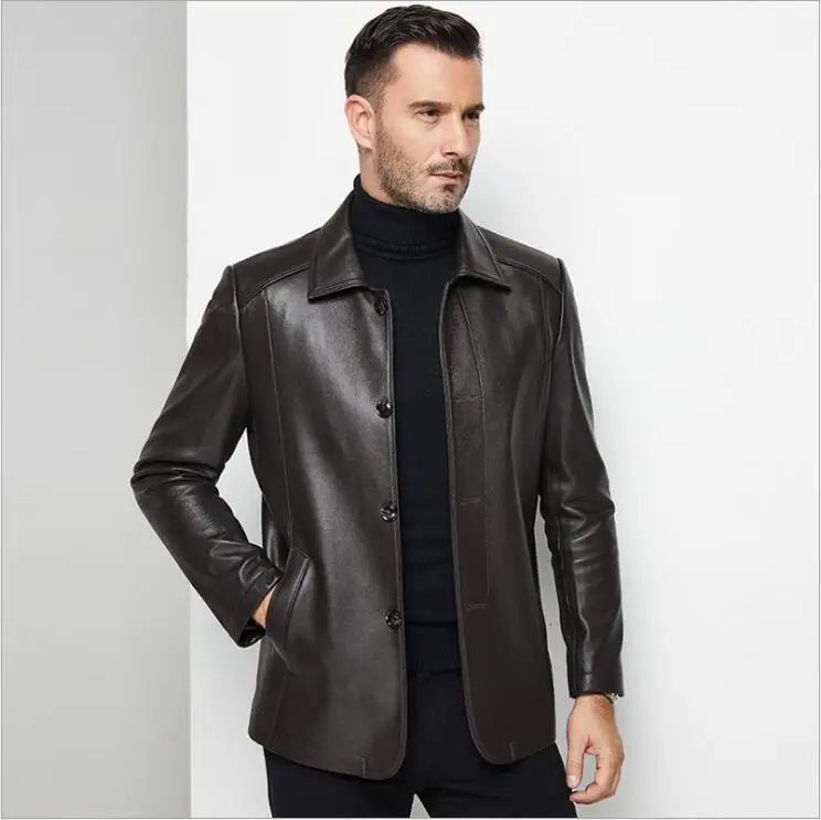 

Men Middle aged Button Leisure Clothing Sheepskin Genuine Leather Jacket Man Turn Down collar real Leather Dad Suit Black Coffee