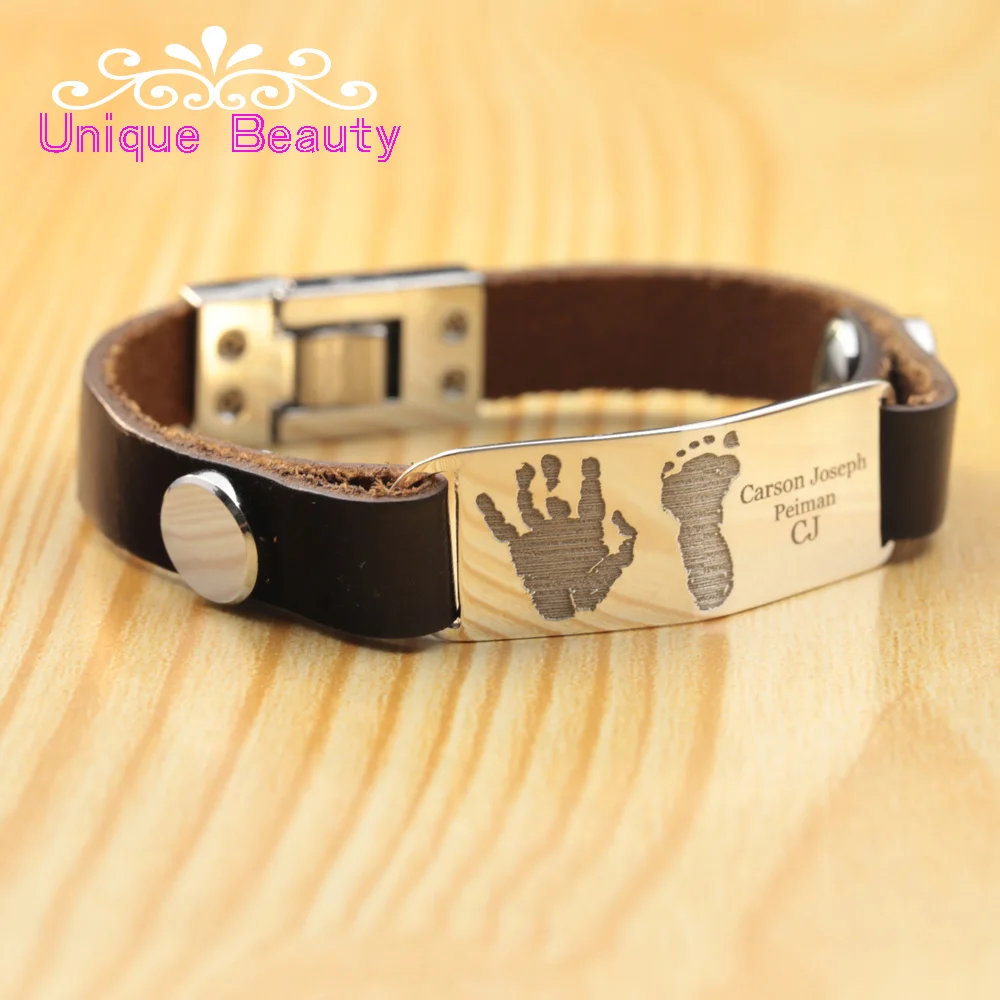 Dad Bracelet Engrave Baby Hand Foot Print Bracelet, In Memory ID Bangle, Custom Words Bracelet