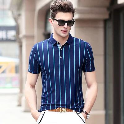 HCXY, высокое качество, летняя мужская рубашка поло с коротким рукавом, мужские рубашки поло, мужские рубашки с вертикальными полосками, коммерческие, умные, повседневные - Цвет: Синий