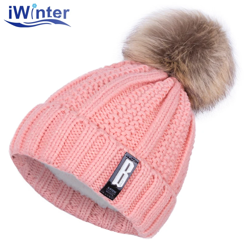 IWINTER, модная женская зимняя шапка, для девушек, Skullies Beanies, зимняя шапка s для женщин, вязаная шапка с помпонами, теплая Толстая Женская шапка