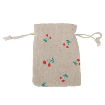 

YHYS Lot of 10pcs Jewelry pouch Small Linen Drawstring Gift Bag Cherry Motif Red + green + cream color