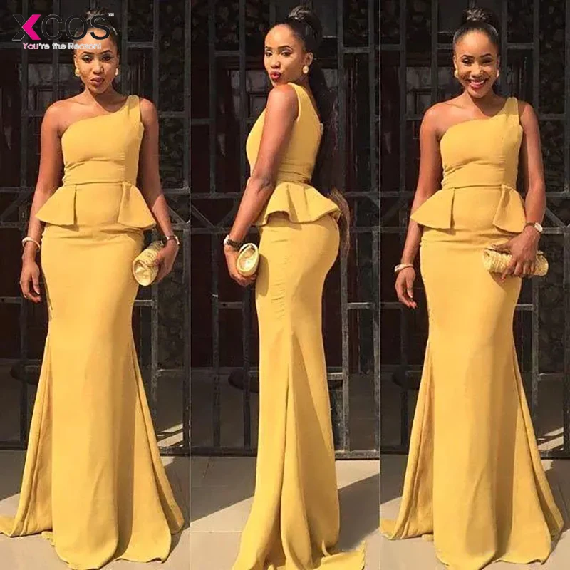 

2018 Turmeric Mermaid Prom Dresses Long Cheap One Shoulder Chiffon Formal Party Evening Gowns With Peplum Custom Made