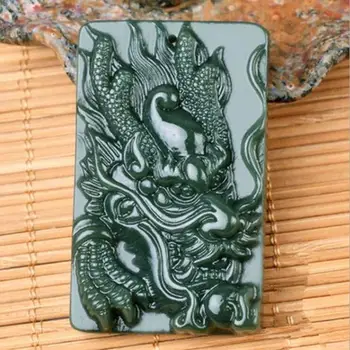 

Natural carved dragon Hetian Jade pendant qingyu Green necklace