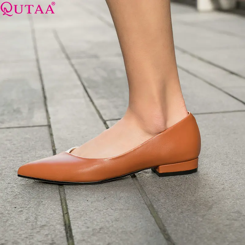 

QUTAA 2019 New Women Pumps Fashion Women Shoes Platform Causal Square Heel Shallow Cow Leather+ Pu Ladies Pumps Size 34-40