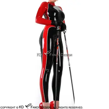 

Black With Red White Skating Sexy Latex Catsuit With Long Sleeves Rubber Bodysuit Zentai Overall Body Suit LTY-0099