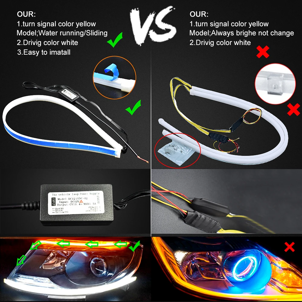2шт 60 см милый светодиодный DRL струящийся желтый указатель поворота внешний свет дневного света авто 12 В SMD COB автомобильный Стайлинг