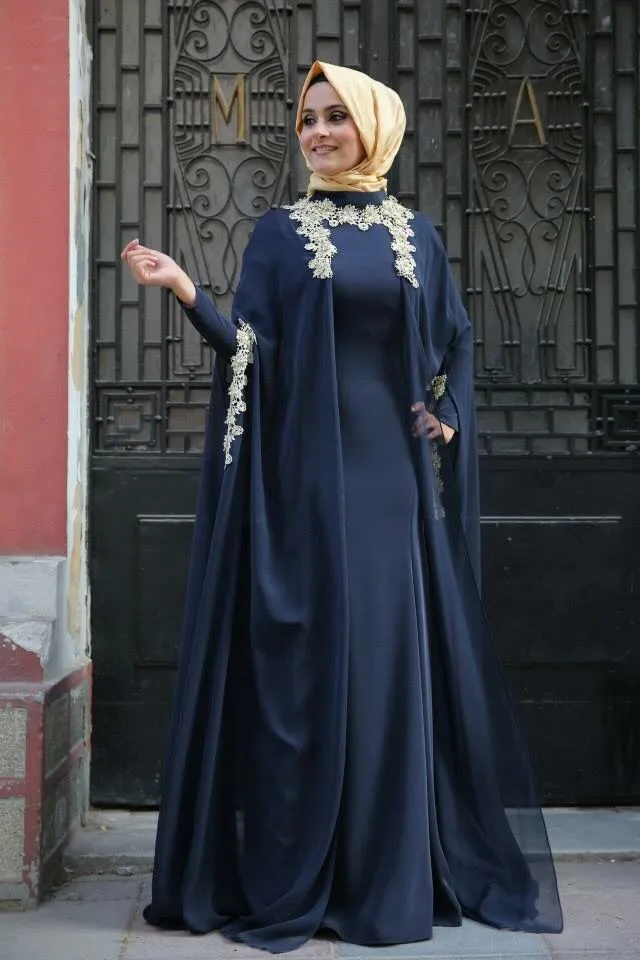 Navy Blue Arabic Evening Gowns Fashion Abaya in Dubai Full Sleeve Muslim Moroccan Caftan Formal Women Dress 2016