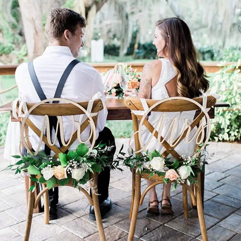 

Mr & Mrs Wedding Chair Signs Floral Hoop Calligraphy Wooden Hanging Circle Set