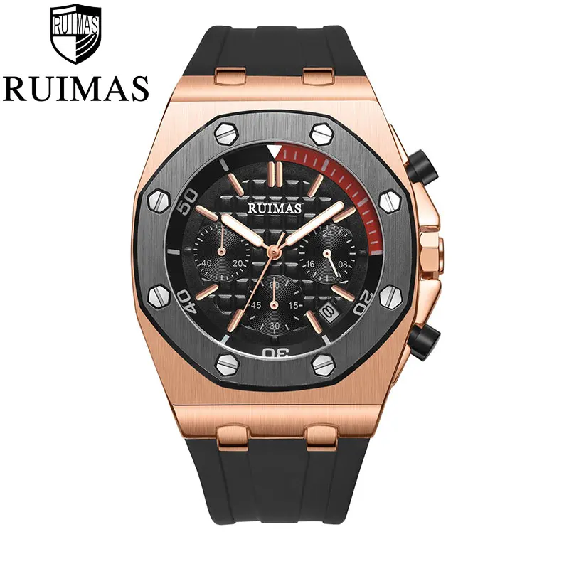 RUIMAS Chronograph Men Sport Watch Fashion Silicone Army Military Watches Relogio Masculino Quartz Wrist Watch Clock Men - Цвет: RN540G-Rose gold