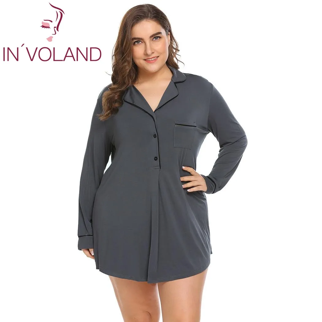 IN'VOLAND, большой размер, женская одежда для сна, платье, XL-4XL, весна-осень, мягкое женское белье с отворотом, пуговица, большая ночная рубашка, ночная рубашка размера плюс