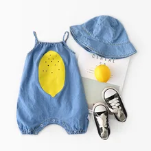 WLG/повседневные Комбинезоны для маленьких мальчиков и девочек, синий джинсовый комбинезон с принтом лимона для новорожденных, повседневная детская одежда