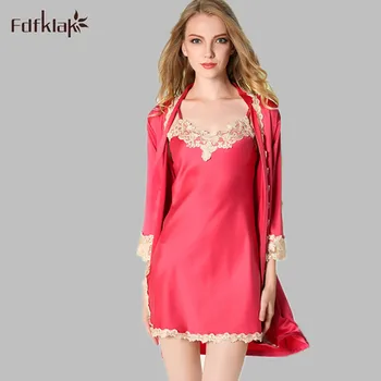 

Fdfklak High Quality Sexy Summer Women's Robe Set Mini Nightwear Indoor Sleepwear Silk Lace Bathrobe+Nightgown 2 Pieces E0867