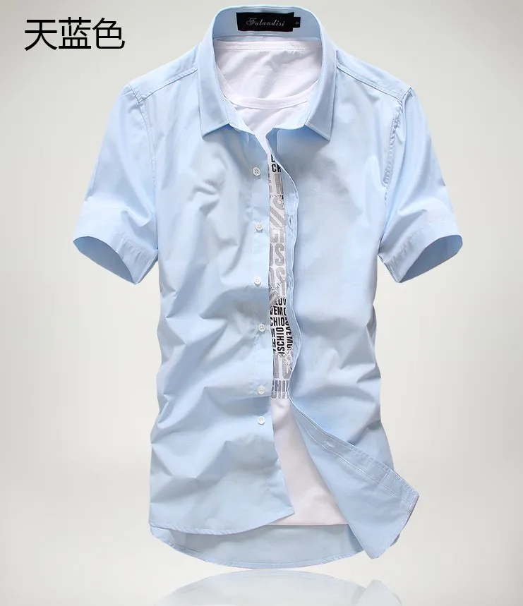 Новинка, мужские рубашки с коротким рукавом, модные повседневные облегающие хлопковые рубашки для весны и лета, 15 цветов - Цвет: Sky Blue