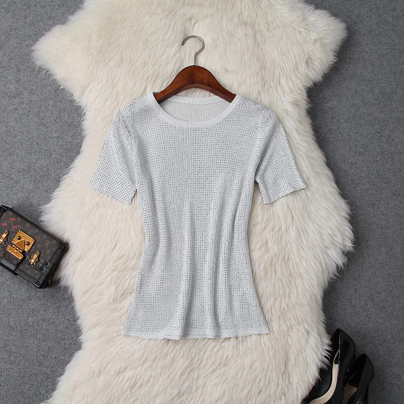 

Knitted T Shirt Women 2019 Spring Summer New Shiny Hot Fix Rhinestone Solid Color Round Neck Short Sleeved Stretch Women Tops