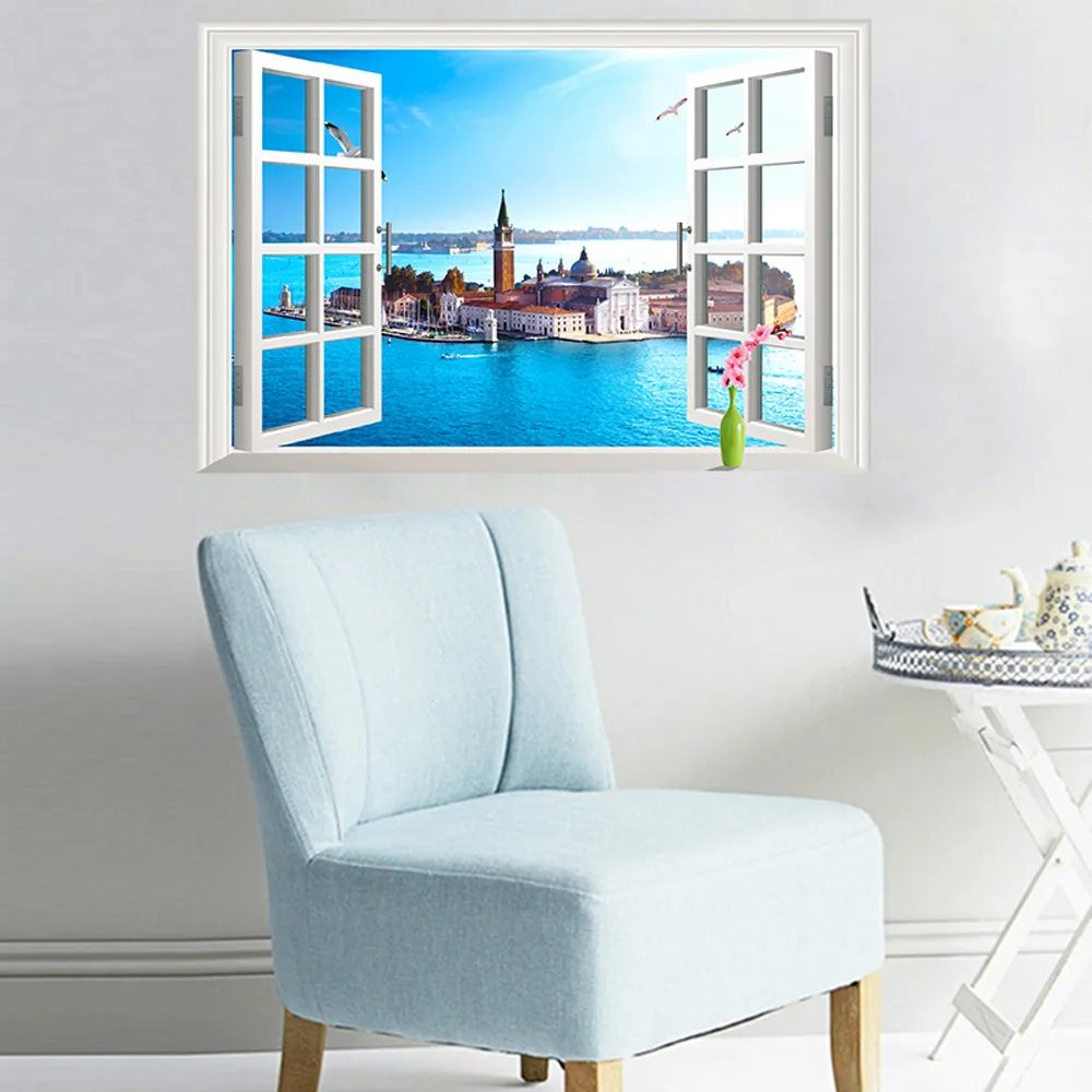 Wall Decorations Sea Scenery City Landscape 3D Window Stickers Art Home