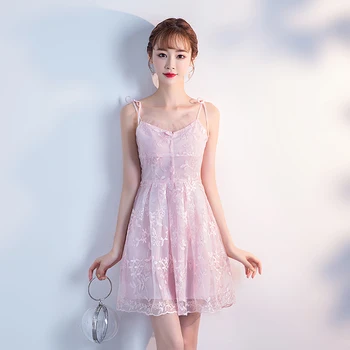 

Wedding Guest Dress Party Elegant A-Line Pink Mini Sexy Lace Bridesmaid Sleeveless Tulle Ladies Short Prom Junior Dress Vestidos