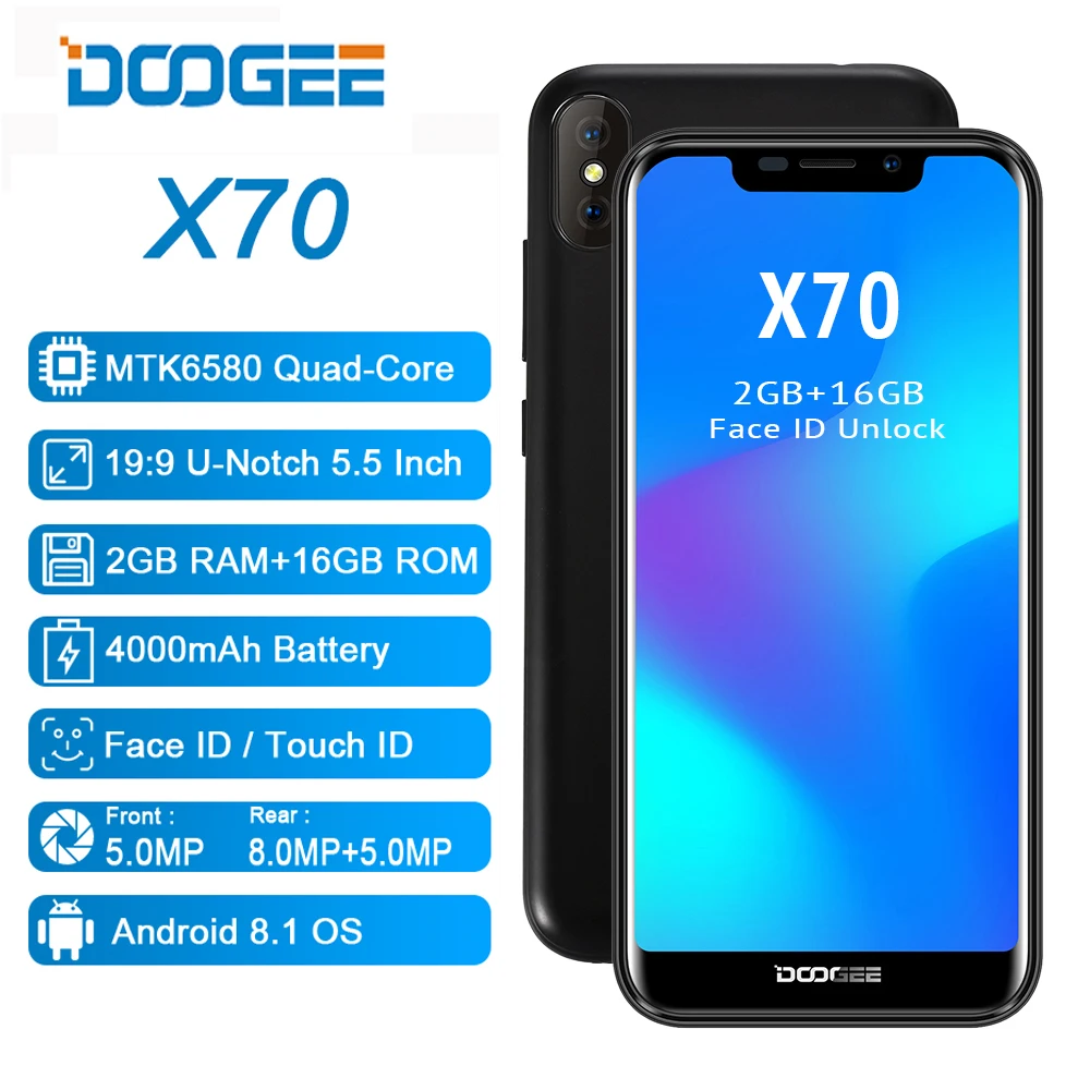 

Doogee X70 Android 8.1 Mobile Phone Face Unlock Fingerprint ID Cell 4000mAh 3G WCDMA 2GB 16GB 5.5 inch 19:9 8.0MP Smartphone