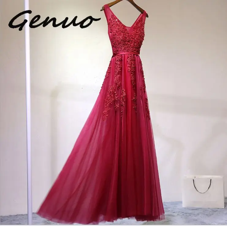 Genuo Новое сексуальное платье с v-образным вырезом Robe De Soiree Высокое качество Серый Тюль с аппликацией платья настоящая фотография vestido de festa - Цвет: Красный