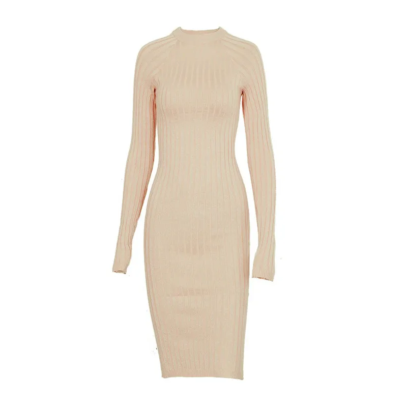 Women Sweater Dress 2017 Fall Winter Long Sleeve O Neck Sexy Bodycon Dress Elastic Striped Skinny Knitted Dresses Robe Vestidos25