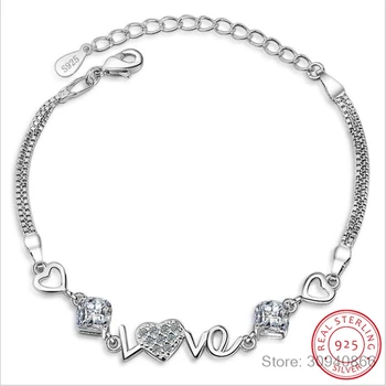 

925 Sterling Silver Crystal Heart Charm Bracelet For Women Bracelets & Bangles For Female Girls Gift Pulseira Feminina