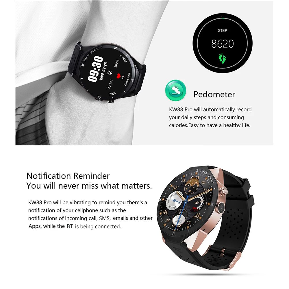 Kingwear KW88 Pro 3g Smartwatch телефон Android 7,0 MTK6580 четырехъядерный 1. 3g Hz 1 Гб+ 16 Гб gps Nano SIM карта смарт часы