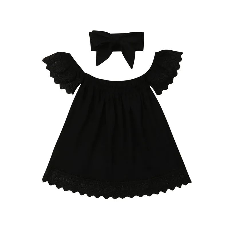 

Summer Kids Baby Girl Dress Solid Off-Shoulder Dress Princess Pageant Lace Tutu Dresses+Headband 2Pcs Set