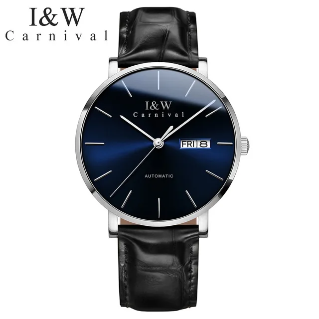 Карнавальный Топ бренд автоматические механические часы для мужчин I& W Модные наручные часы для мужчин s часы мужские кожаные бизнес часы reloj hombre - Цвет: blue silver black