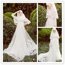 Vintage Muslim Long Sleeve Wedding Dresses With Hijab Islamic Plus Size Colorful lebanon Wedding Gown Gelinlik