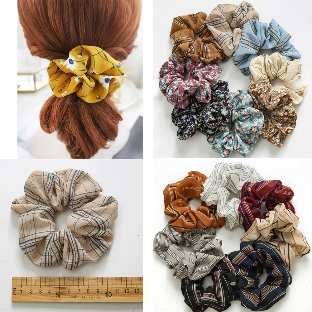 Vintage Flower Striped Plaid Soft Chiffon Hair Scrunchies Elegant Women Girls Printed Elastic Hair Rubber Bands Hair Accessories