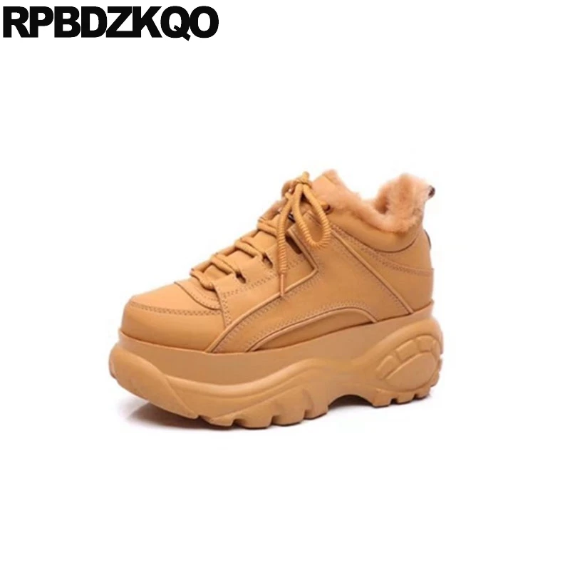

harajuku flatform round toe winter sneakers wedge women ankle muffin lace up shoes high heel brown white platform boots booties