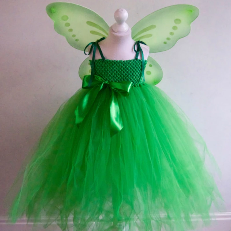 Платье+ крылья феи «Динь-Динь»; фатиновое платье-пачка с крыльями для девочек; комплект Феи для маленьких девочек; праздничный костюм на Хэллоуин; наряд