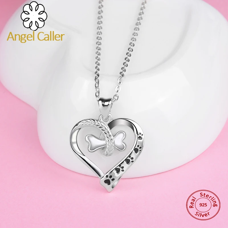 Ceny Anioł dzwoniący 925 srebro śliczny pies i odcisk łapy kota naszyjnik kości serce wisiorek naszyjniki kobiety Fine Jewelry CYD105