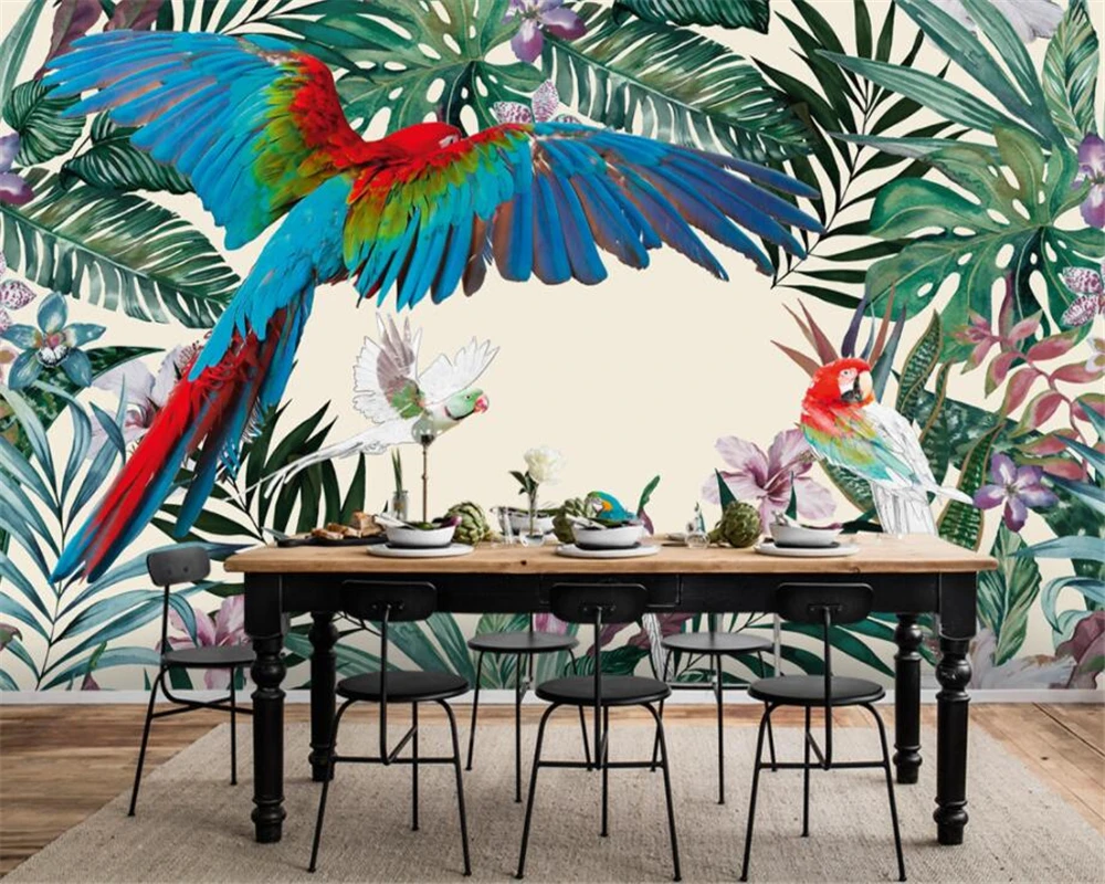 

Beibehang Custom children room wall 3d wallpaper hand-painted tropical rainforest plant parrot background wall paper murals