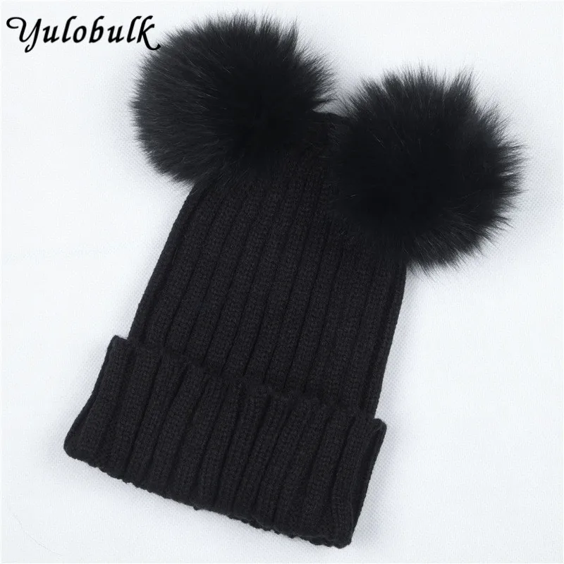 

Women's Winter Hat Chunky Knit Double Pom Pom Beanies Cap Faux Fur Pompom Hats Women Headgear Ear Warmer Bobble Bonnet Gorros