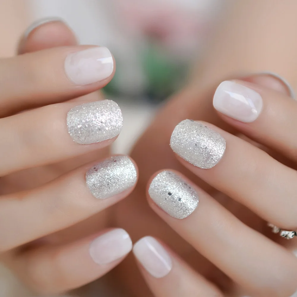 Glitter Petite Short Nails Cream Milk Silver Nails Powder Decoration