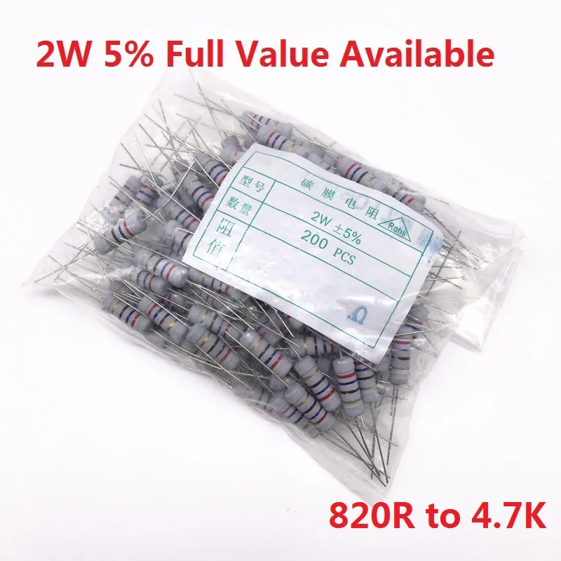 200PCS 2W Oxide Carbom Metal film Resistor 820R/910R/1K/1.2K/1.5K/1.8K/2K/2.2K/2.4K/2.7K/3K/3.3K/3.6K/3.9K/4.3K/4.7K/Ohm 5% | Электронные