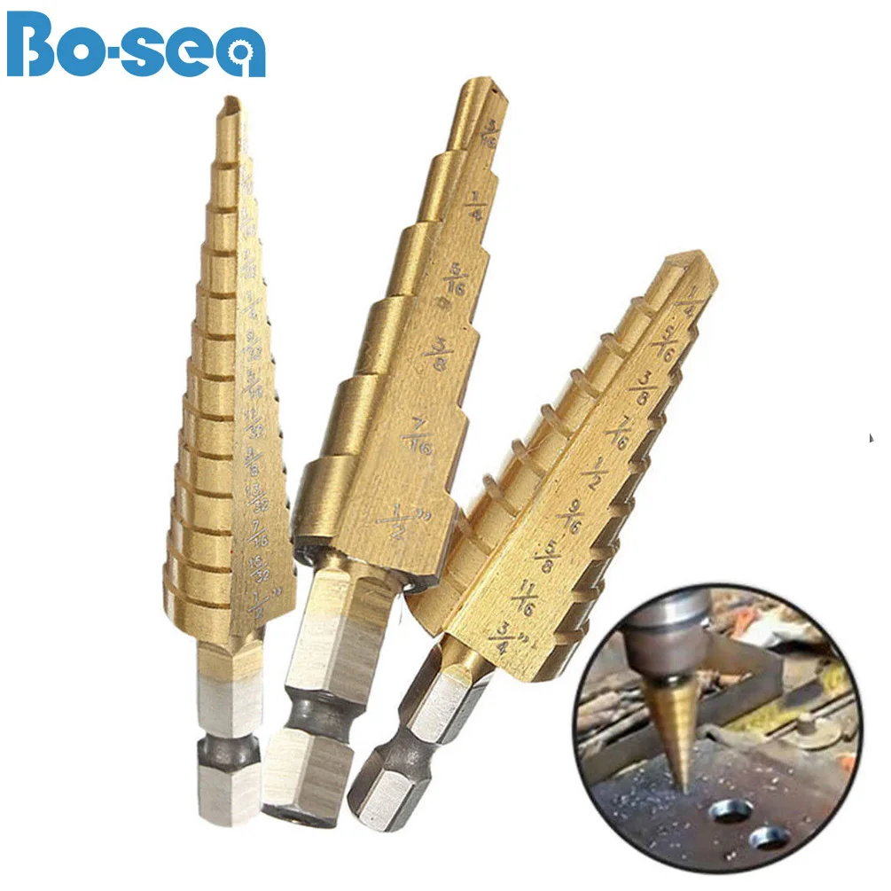 

3pcs HSS Step Cone Drill Titanium Coated Steel Metal Hole Cutter Bit Set Imperial+Pouch