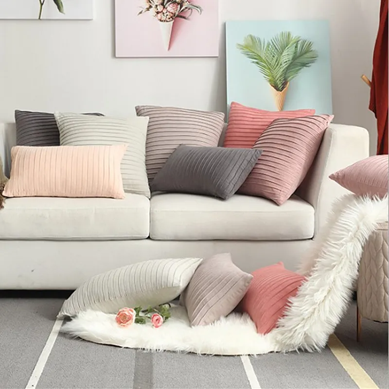 

Hand Pleat Embroidered Cushion Cover Pink Grey Stripe Home Decorative Pillow Cover Lumber Pillow Case 45X45CM/30x50cm