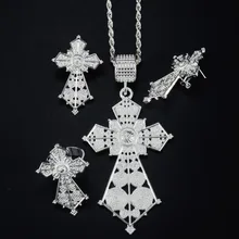 2017 Plata Brillante Etíope conjunto Cruz de Plata de La Joyería Plateó los Collares pendientes/Pendientes/Anillo de África Habesha conjuntos de Eritrea #051706